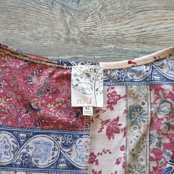 Patchwork Print Boho Women Top XL Naif Cold Shoulder Lightweight Blouse Sheer - Picture 2 of 6